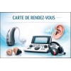 Carte rendez-vous audioprothésiste avec诊 diagnostic auditif: appareil auditif, prothèses et accessoires affichés.