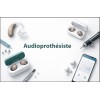 Carte Rendez-vous Audioprothésiste: image de prothèses auditives et accessoires connectés avec smartphone et outils, thème audio