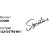 Guillemet : tampon "Signature" avec champ compte et guichet affichés, style signatura élégante à droite.