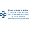 Logo et coordonnées d’une pharmacie Vallée: croix pharmaceutique bleue, nom et adresse, téléphone et email affichés.