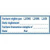 Exemple d’étiquette comptable bleue: “Facture réglée par CHQ VIR CB” avec cases à cocher et champs Date règlement, facture trans