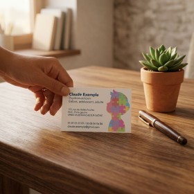Carte de visite professionnelle d’un psychomotricien sur fond bois, avec logo puzzle coloré et plante en pot. Format 85x55.