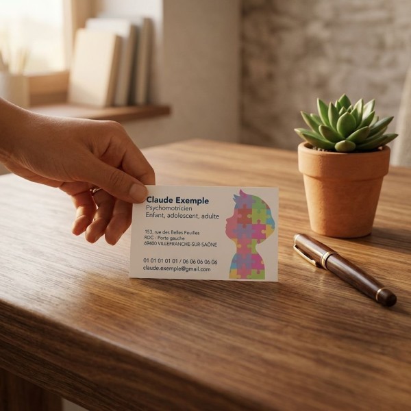 Carte de visite professionnelle d’un psychomotricien sur fond bois, avec logo puzzle coloré et plante en pot. Format 85x55.