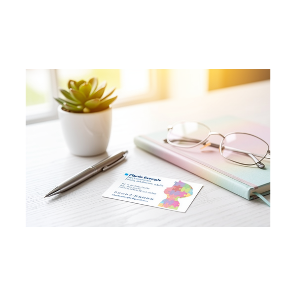 Carte Rendez-vous Psychomotricien Profil Puzzle, carte de visite format 85x55 sur fond bureau avec plante, carnet et lunettes.