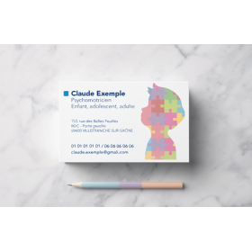 Carte Rendez-vous Psychomotricien Profil Puzzle : carte de visite blanche avec silhouette multicolore en pièces de puzzle, texte
