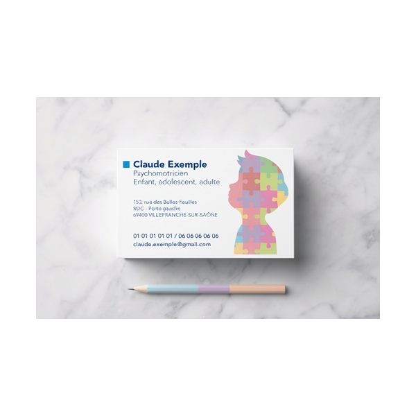 Carte Rendez-vous Psychomotricien Profil Puzzle, carte de visite professionnelle avec silhouette enfant/puzzle coloré et coordon