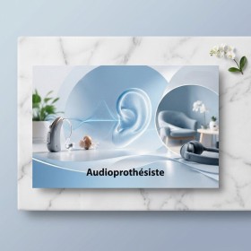 Carte Rendez-vous Audioprothésiste Confort & Sérénité Salon - illustration d’appareils auditifs et écouteurs sur fond bleu, ambi