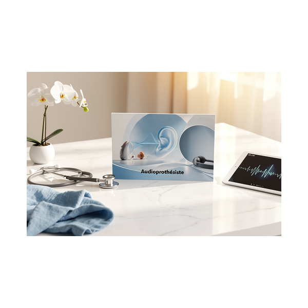 Carte Rendez-vous Audioprothésiste Confort & Sérénité, présentoir sur bureau avec stéthoscope et tablette, ambiance lumineuse.