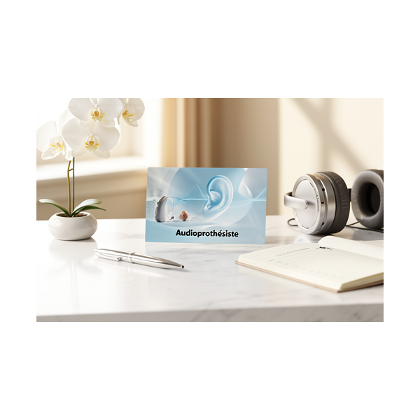 Carte Rendez-vous Audioprothésiste Confort & Sérénité: présentation sur un bureau avec casque auditif, stylo et carnet.
