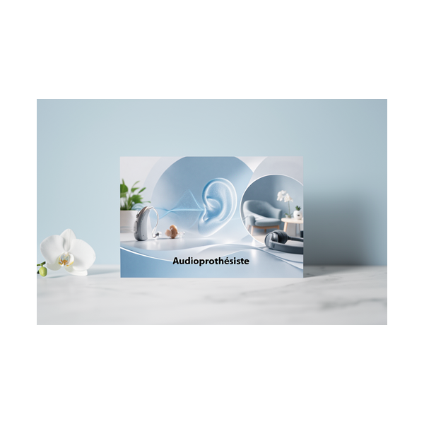 Carte Rendez-vous Audioprothésiste Confort & Sérénité Salon. Présentation visuelle d’un audioprothésiste, avec casque, oreille e