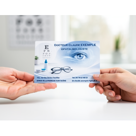 Carte Rendez-vous Ophtalmologiste Vision Élite Bleue | 85x55: carte médicale en main avec œil et lunettes bleues.