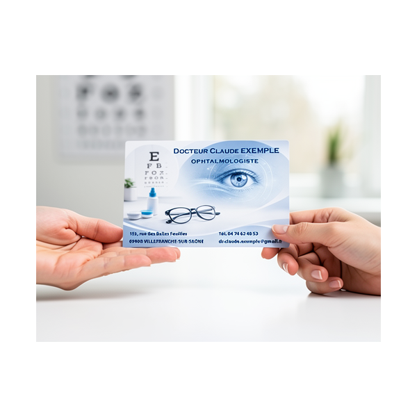 Carte Rendez-vous Ophtalmologiste Vision Élite Bleue | 85x55: carte médicale en main avec œil et lunettes bleues.