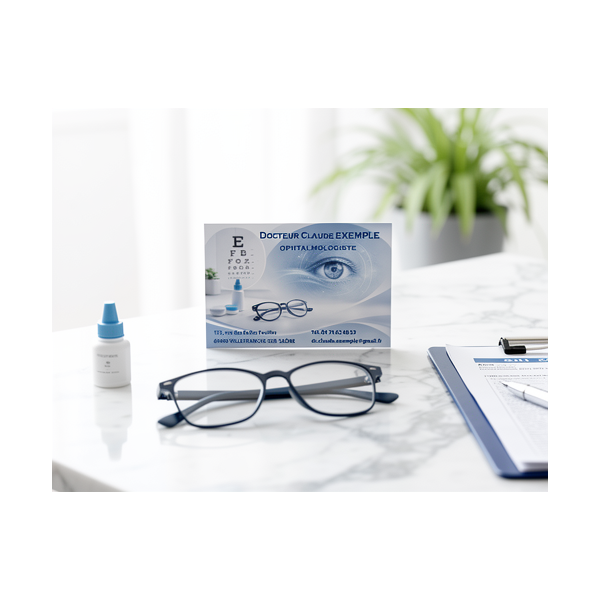Carte Rendez-vous ophtalmologiste Vision Élite bleue sur bureau avec lunettes et matériel d’optométrie, exemplaire de carte de v