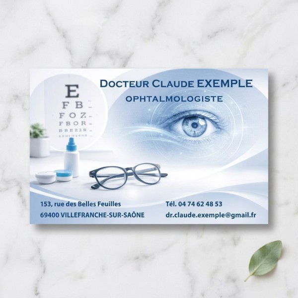 Carte Rendez-vous Ophtalmologiste Vision Élite Bleue: carte de visite médicale avec œil stylisé, lunettes et matériel optique bl
