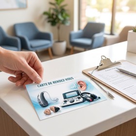 Carte rendez-vous audioprothésiste sur bureau avec appareil auditif et éléments auditifs, prêt à être utilisé.