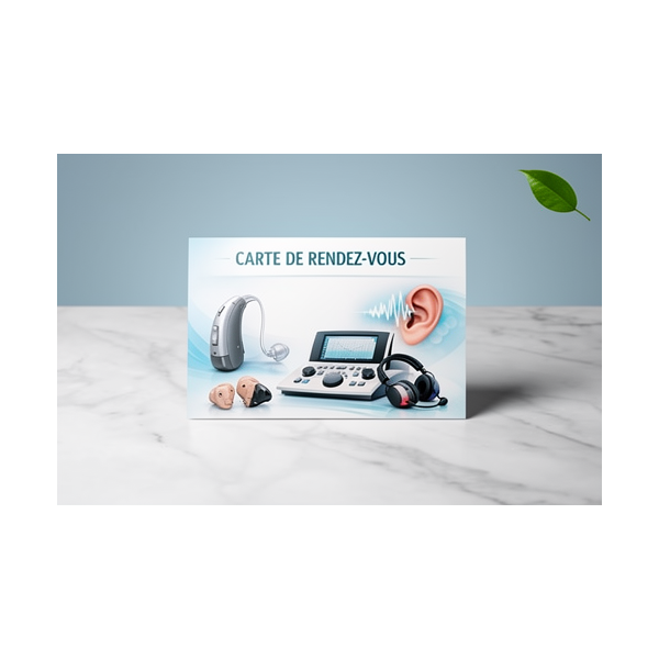 Carte rendez-vous Audioprothésiste: affiche diagnostique auditif avec aide auditive, prothèses et appareil de diagnostic.
