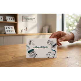 Carte Rendez-vous Audioprothésiste Technologies Connectées : affichage d’un livret “Audioprothésiste” sur une table avec des app
