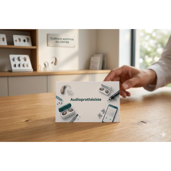 Carte Rendez-vous Audioprothésiste Technologies Connectées : affichage d’un livret “Audioprothésiste” sur une table avec des app