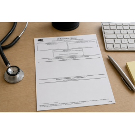 Ordonnance bizone CERFA 14465*01 Neutre déposé sur un bureau avec stéthoscope, clavier et stylo.