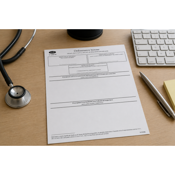 Ordonnance bizone CERFA 14465*01 Neutre déposé sur un bureau avec stéthoscope, clavier et stylo.