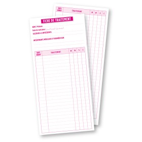 Fiche de traitement papier rose et blanche pour infirmier libéral avec tableau de suivi des médicaments matin midi soir coucher.