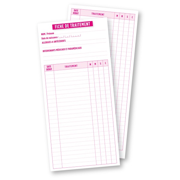 Fiche de traitement papier rose et blanche pour infirmier libéral avec tableau de suivi des médicaments matin midi soir coucher.