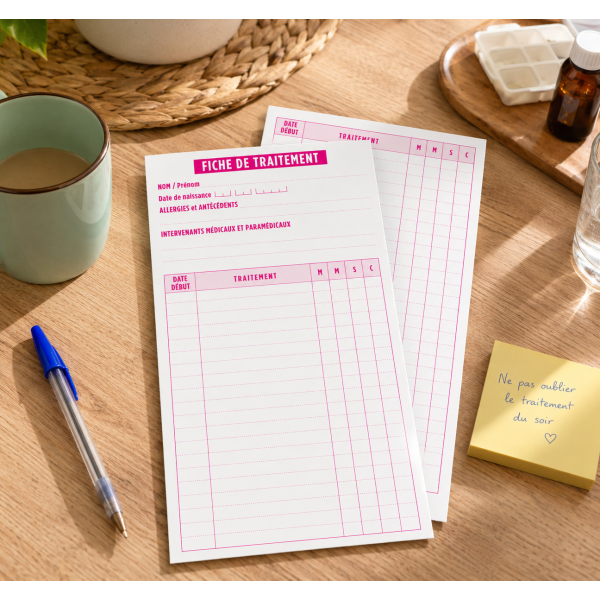 Pack de 30 fiches de liaison médicales format DL 100x210mm sur papier rigide pour dossier de soins infirmiers à domicile.