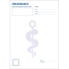 Maquette graphique d'une ordonnance médicale vierge avec le logo du caducée en filigrane bleu.