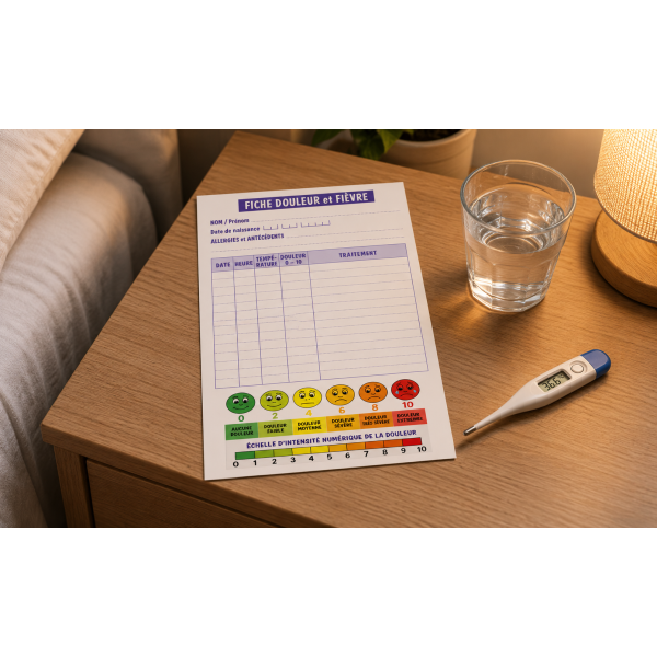 Fiche de suivi médical douleur et fièvre posée sur une table de nuit en bois à côté d'un thermomètre et d'un verre.