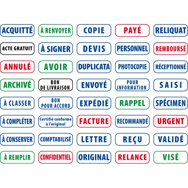 Échantillon d’étiquettes d’encre et tampons avec mots français tels que ACQUITTÉ, À RENVOYER, COPIE, PAYÉ, RELIQUAT, et autres,