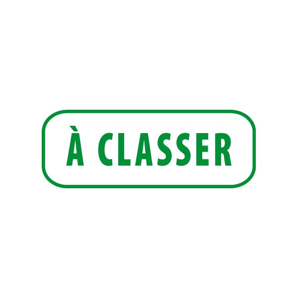 Tampon encreur vert avec texte « À CLASSER », image montrant un autocollant ou un panneau de tri.