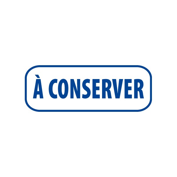 Tampon encreur bleu avec texte « À CONSERVER », utilisé pour authentifier des documents.