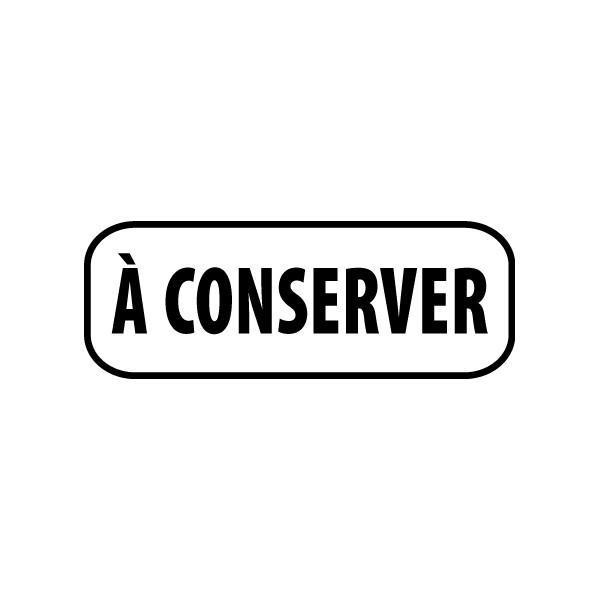 Tampon encreur avec marqué « À CONSERVER », utilisé pour authentifier des documents.