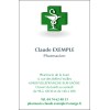 Carte de visite pharmacien montrant un logo pharmacie verte et croix, nom Claude EXEMPLE, adresse et contact du cabinet. Format