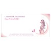 Carte de correspondance d’un cabinet sage-femme: silhouette féminine stylisée en rose et petit papillon, texte et coordonnées en