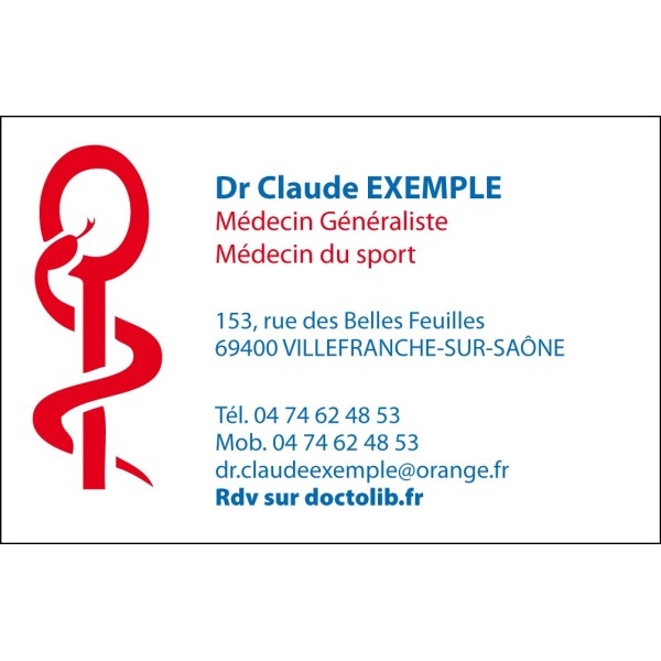 Carte de visite pour médecin avec caducée rouge de l'Ordre des Médecins, format 85x55 mm, impression recto seul, bristol 300g.