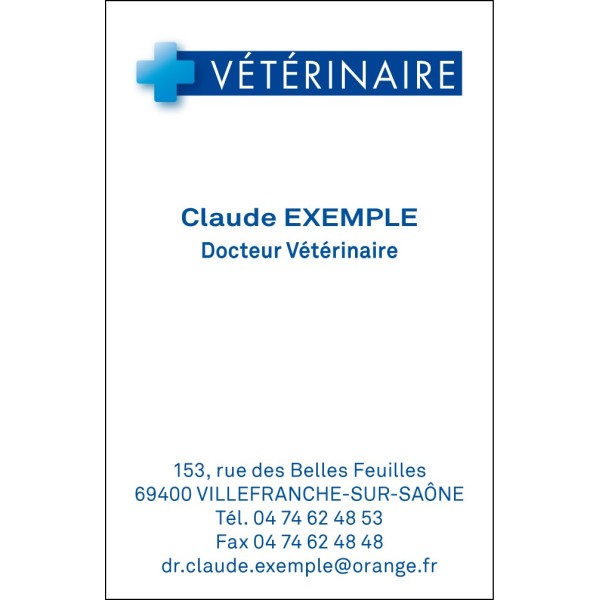 Carte de visite pour docteur vétérinaire, format vertical, logo croix bleue sobre, impression recto seul, bristol 300g.