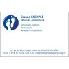 Carte de visite podologue circulaire 85x55 mm montrant logo bleu et texte médical, adresse et coordonnées.