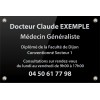 Plaque professionnelle médicale noir/argent au design élégant avec texte « Docteur Claude EXAMPLE » et contact, 30x20 cm, confor