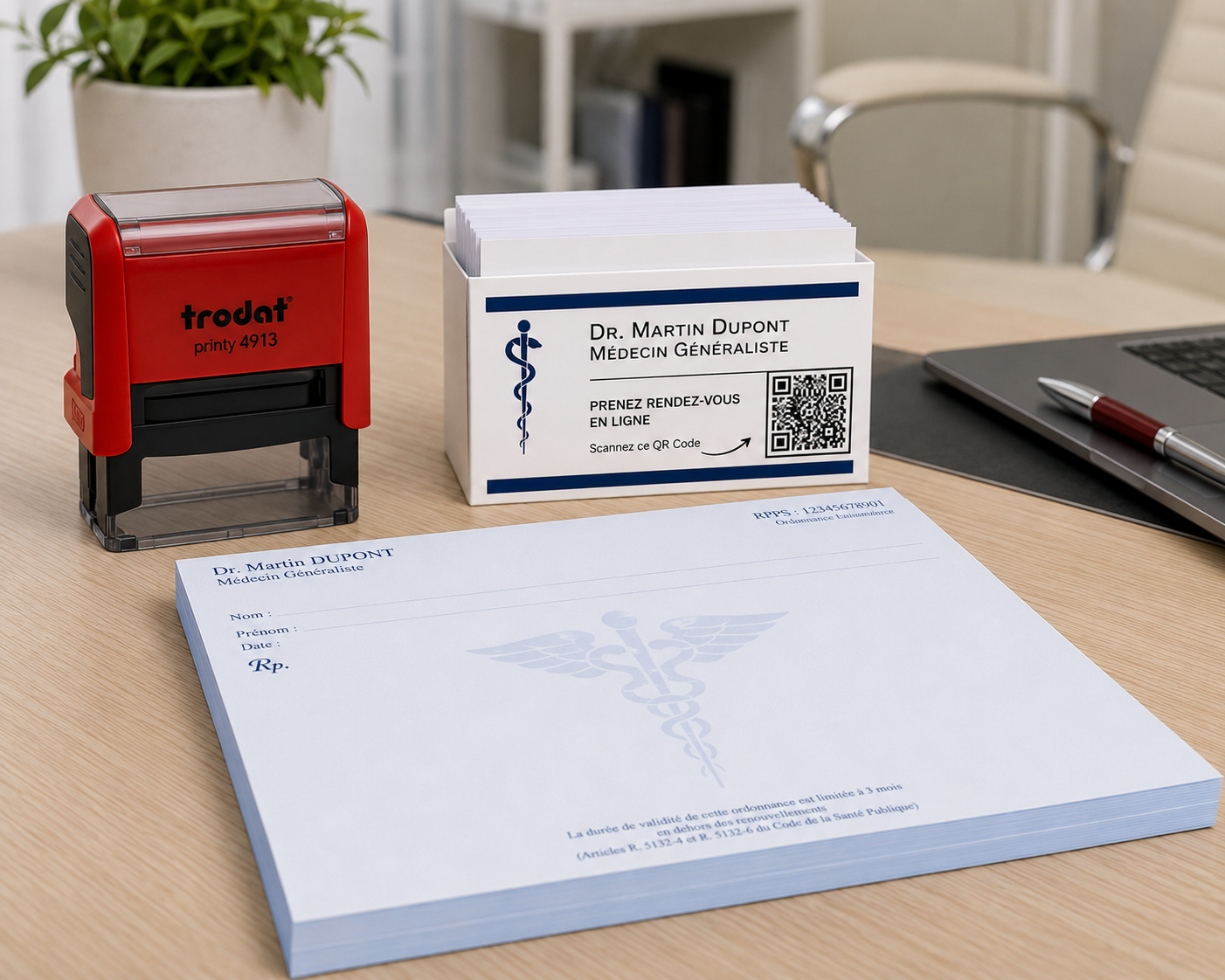 Kit de papeterie médicale sur un bureau comprenant un bloc d'ordonnances, une boîte de cartes de rendez-vous avec QR code et un tampon Trodat Printy 4913
