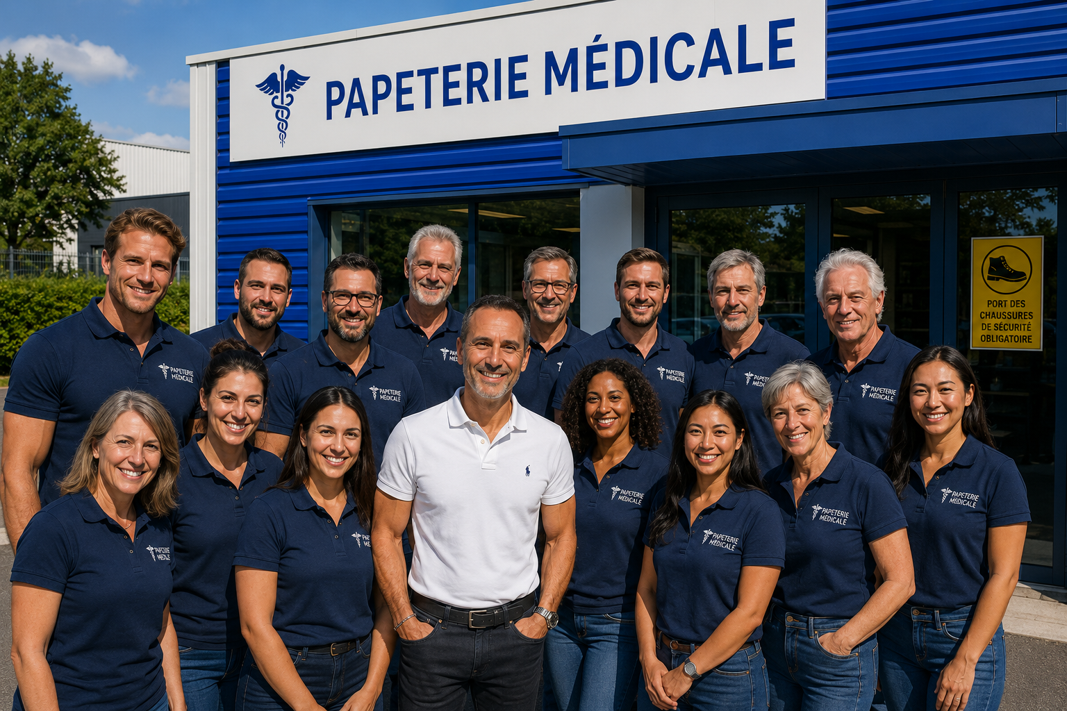 L'équipe de Papeterie Médicale devant l'atelier de fabrication d'imprimés médicaux et tampons professionnels.