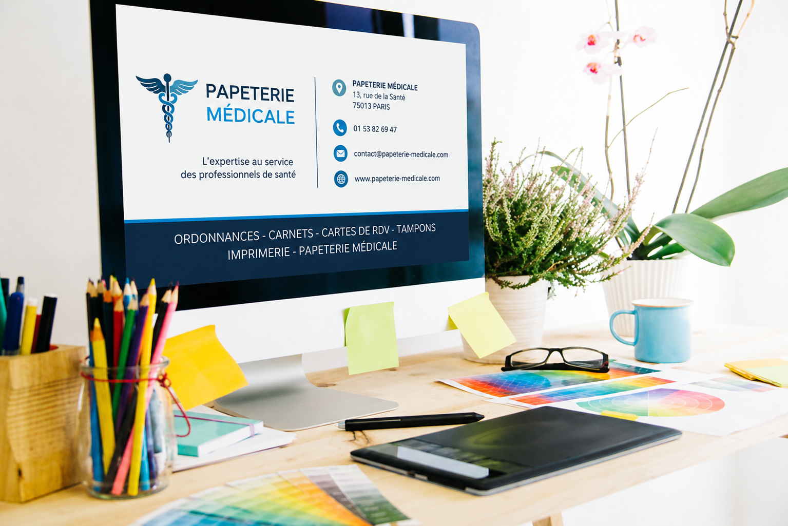 Écran d'ordinateur affichant la maquette graphique de Papeterie Médicale sur un bureau de graphiste avec nuanciers de couleurs pour la validation du Bon À Tirer (BAT).