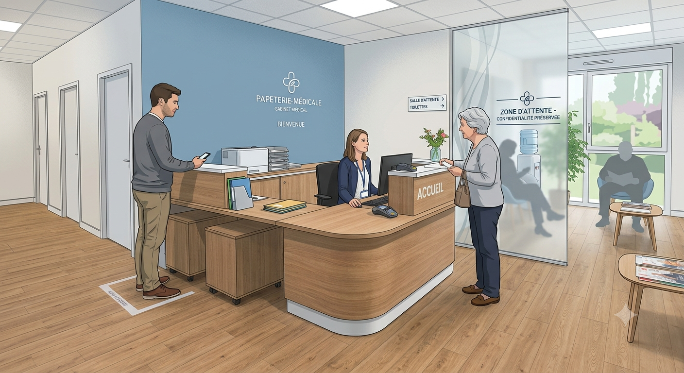 Accueil accueillant au guichet de Papeterie Médicale: médecin et secretary au comptoir, zone d’attente et signalétique, interior chaleureux.