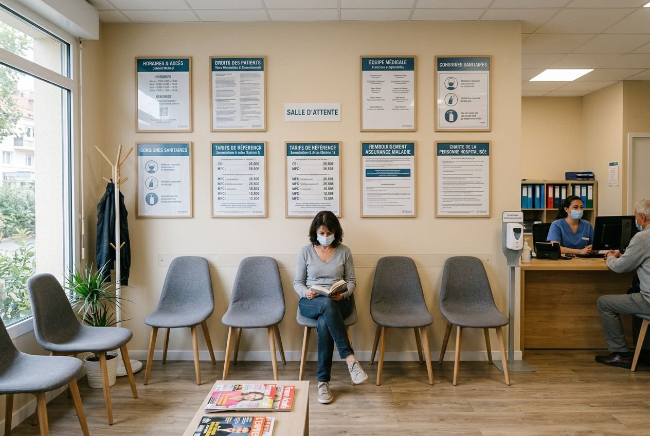 Affichage obligatoire cabinet médical: salle d'attente avec affiches d'informations et une patiente portant masque, étude des droits des patients et tarifs en arrière-plan.