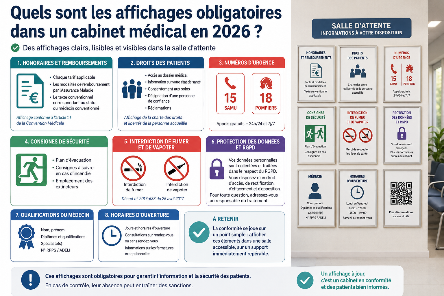 Affichage pédagogique des affichages obligatoires dans un cabinet médical en 2026, avec sections sur honoraires, droits des patients, urgences et sécurité