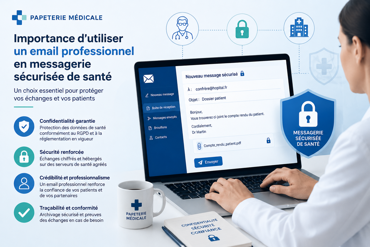 Alt text: Page marketing montrant Papeterie Médicale: femme médecin utilisant un ordinateur affichant un email professionnel sécurisé, icônes de sécurité et badge « messagerie sécurisée de santé », tasse et carnet « confidentialité, sécurité, confiance ». Alt text: Page marketing montrant Papeterie Médicale: femme médecin utilisant un ordinateur affichant un email professionnel sécurisé, icônes de sécurité et badge « messagerie sécurisée de santé », tasse et carnet « confidentialité, sécurité, confiance ».
