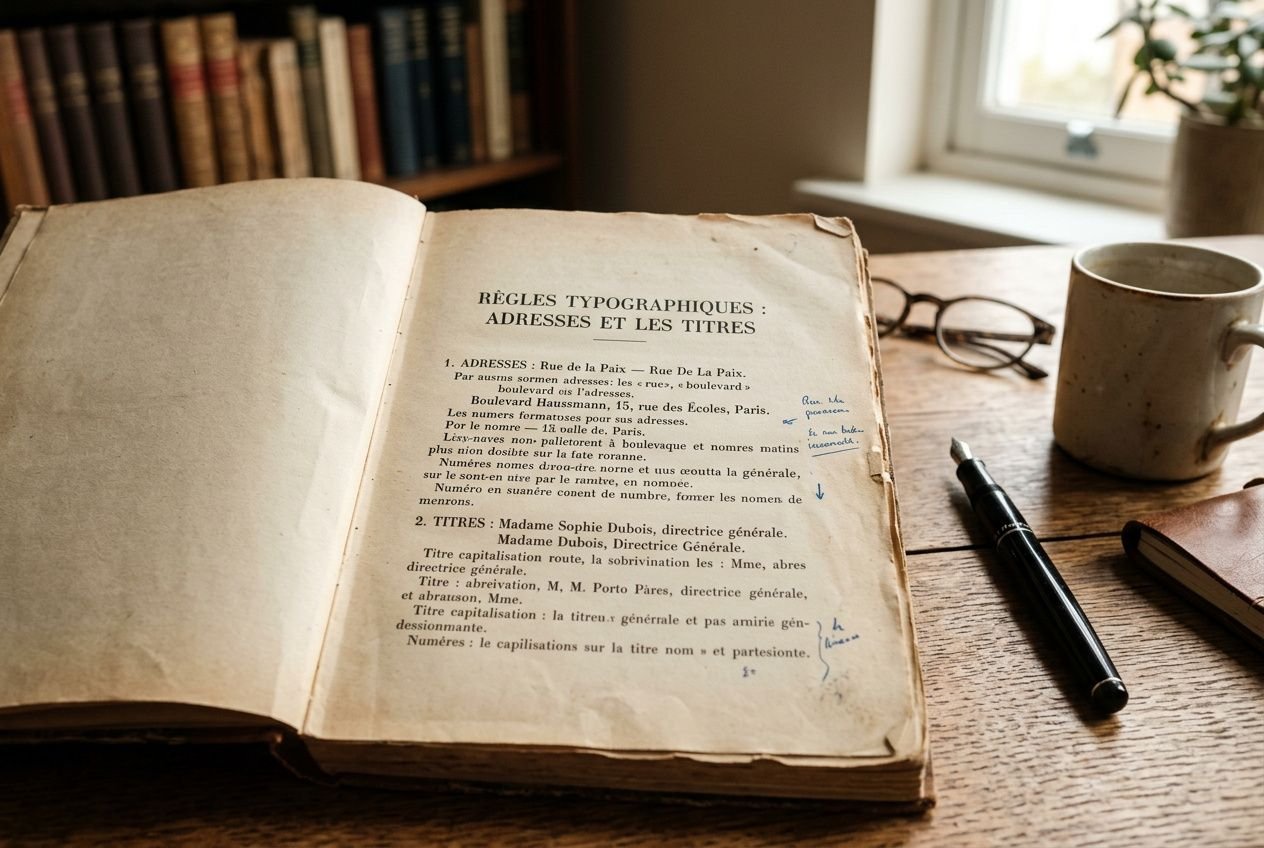 Ancienne revue ouverte sur une table en bois, page titre “RÈGLES TYPOGRAPHIQUES: ADDRESSES ET LES TITRES” avec lunettes, mug et stylo. L’importance du respect des règles typographiques dans les adresses et titres se reflète subtilement.