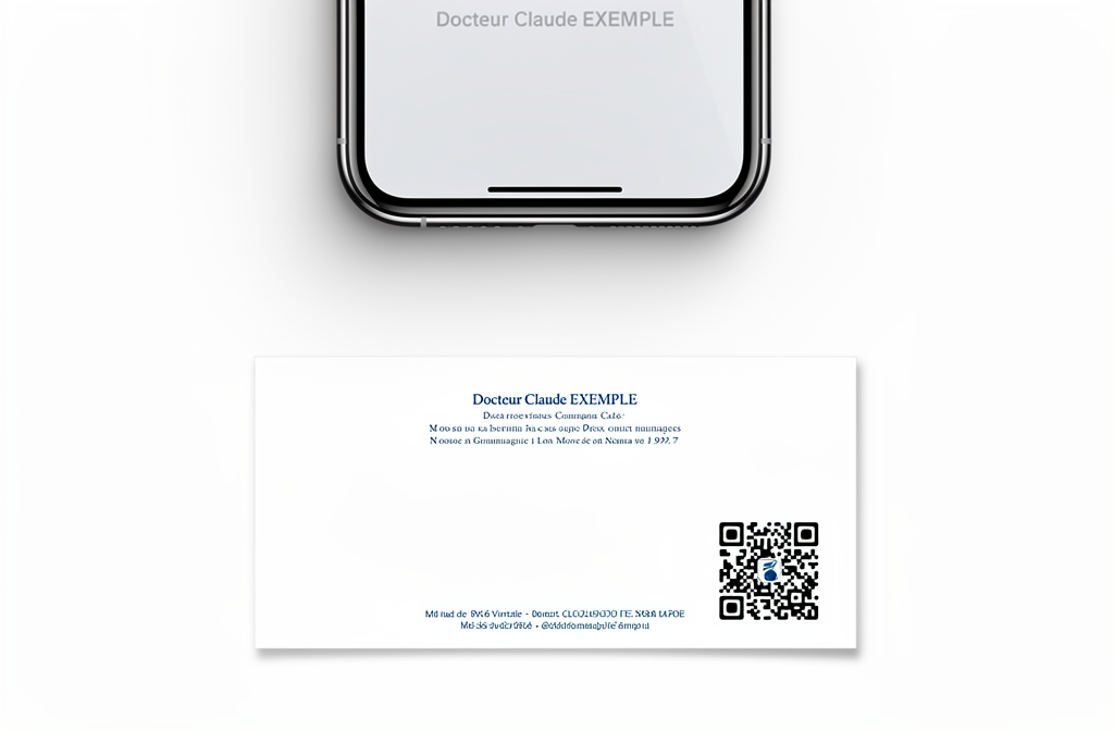 Carte blanche avec un QR code noir et blanc situé en bas à droite sur fond clair.