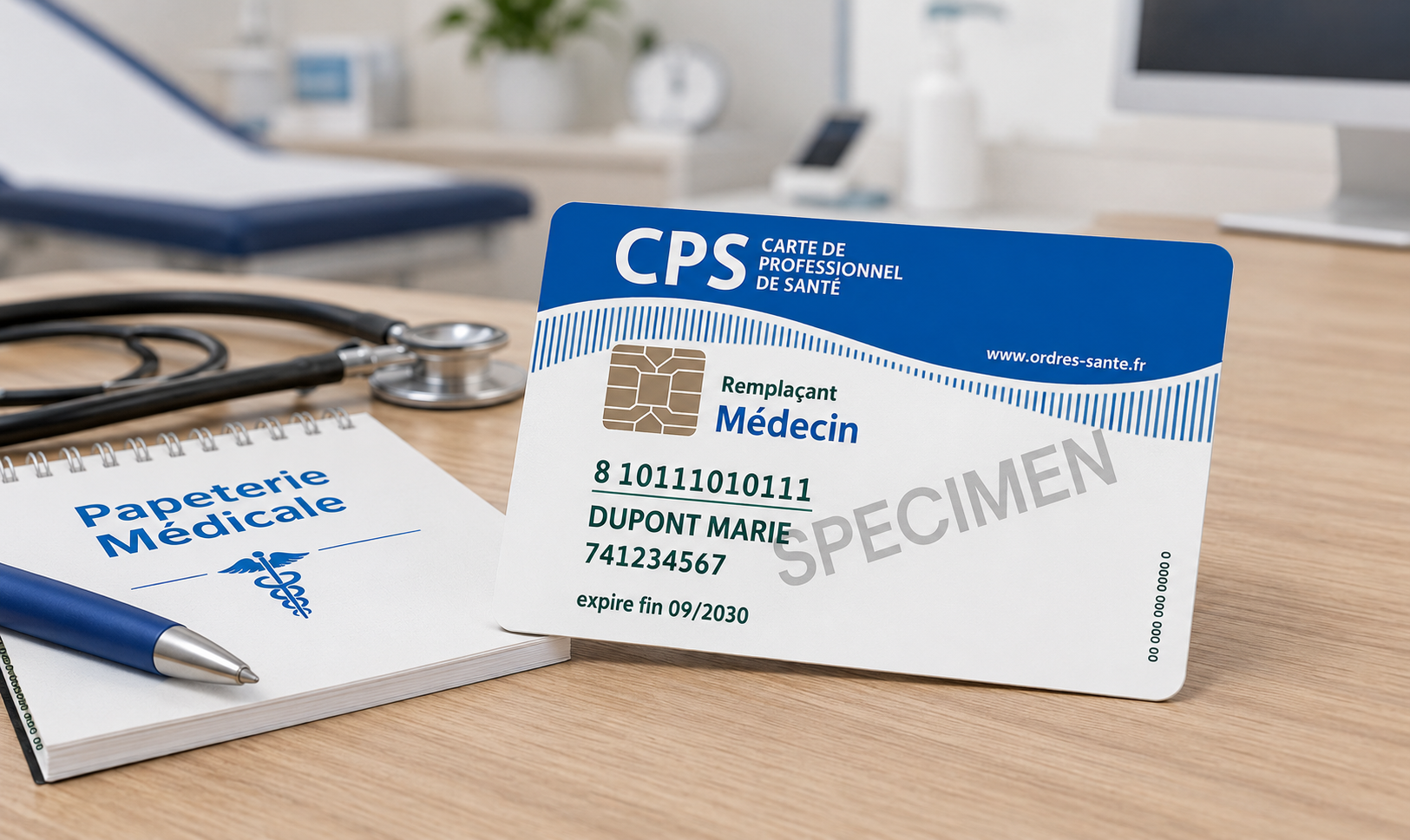 Carte CPS bleue et étiquette « Papierterie Médicale » sur table avec stylo et carnet.