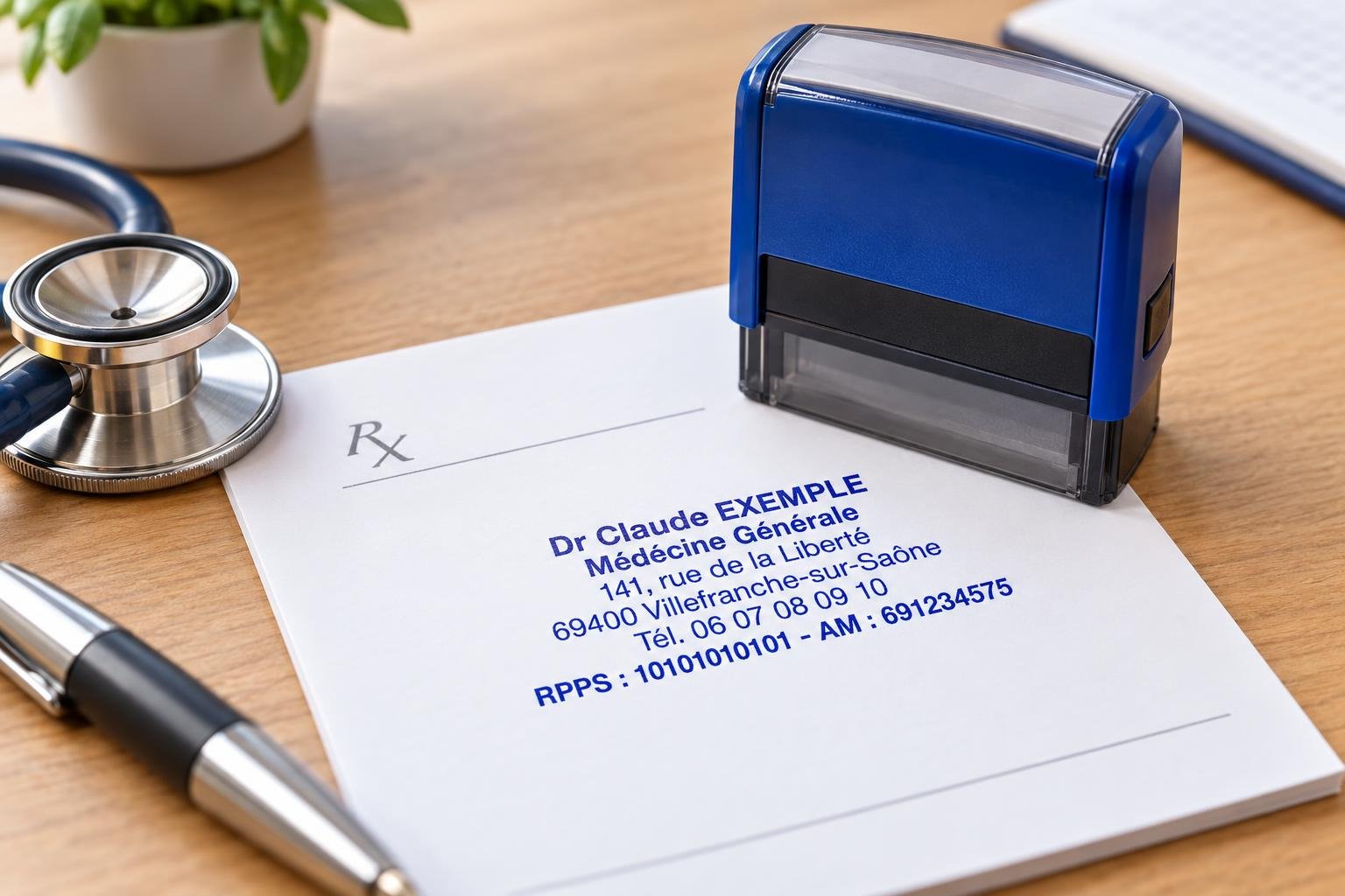 Carte de médecin avec stamp RPPS et coordonnées sur une fiche médicale.